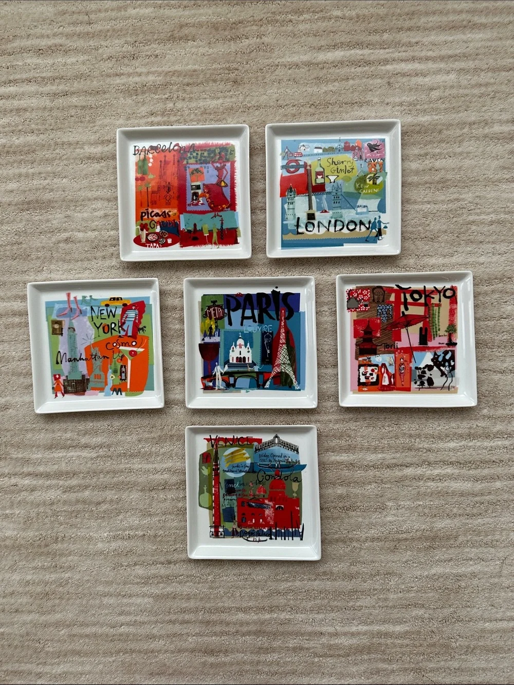 Set of 6 Crate&Barrel Travel World City appetizer plates